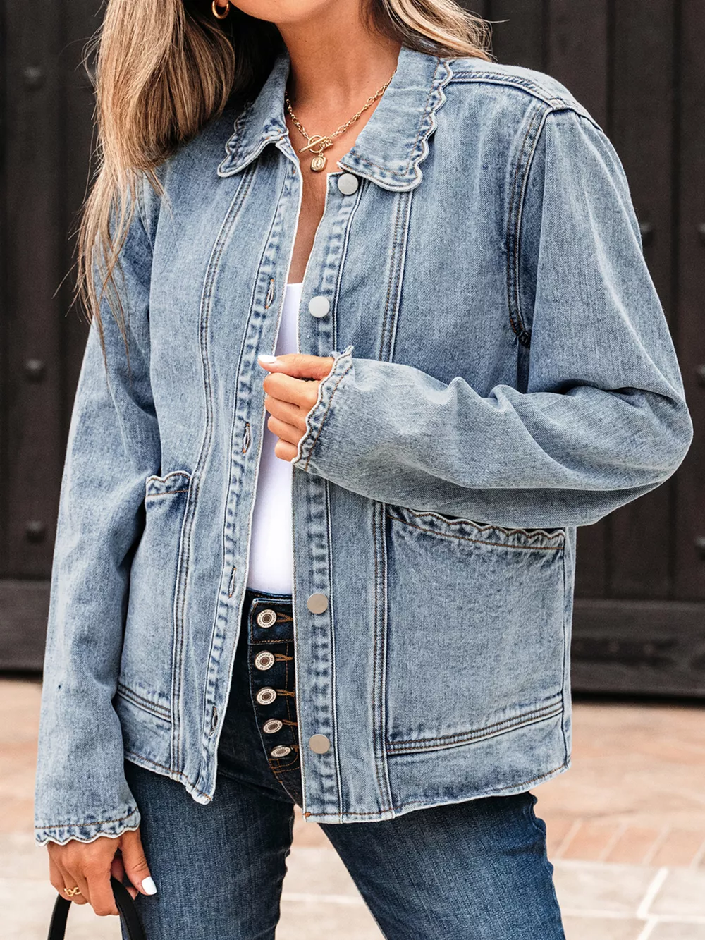Scallop Trim Collar Patched Pocket Button Up Denim Jacket, image 2