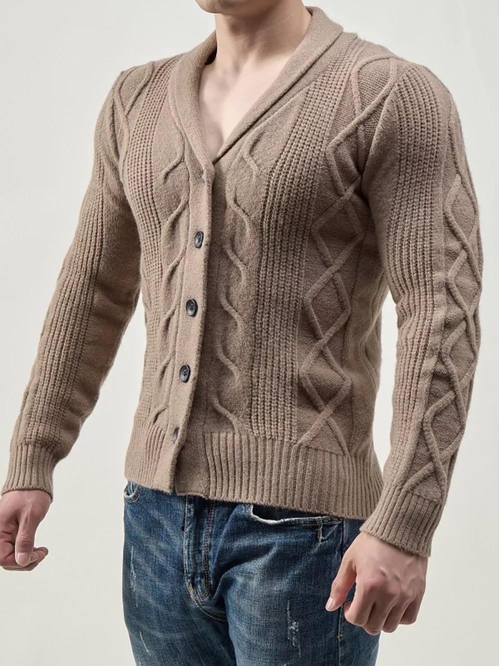Men's Full Size Slim-Fit Cable Knit Shawl Collar Cardigan Plus Size, image 2