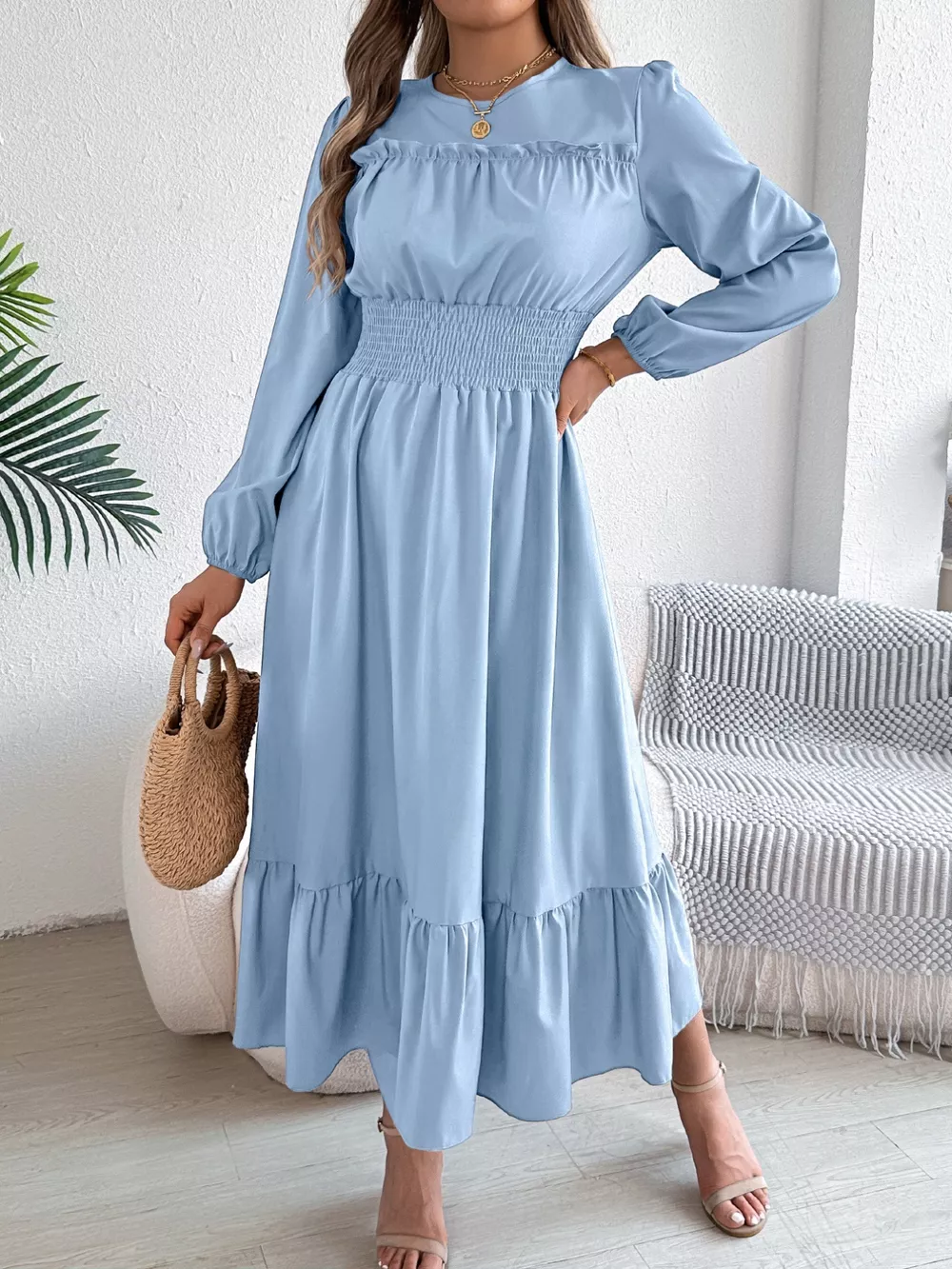 Round Neck Balloon Sleeve Tiered Dress, image 26