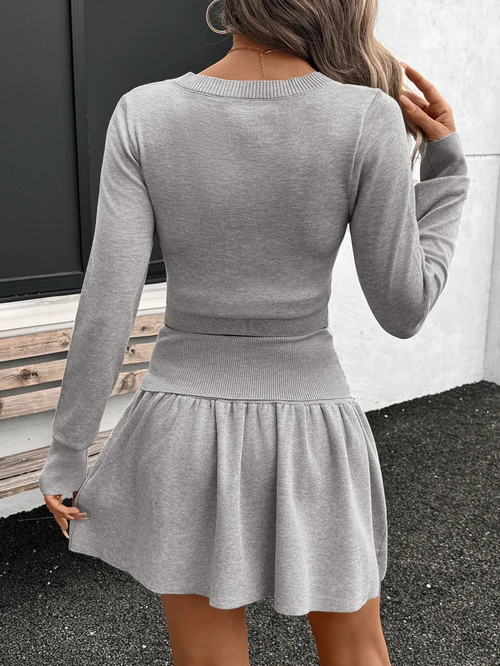 Ribbed Long Sleeve Top and Skirt Knit Set, image 5
