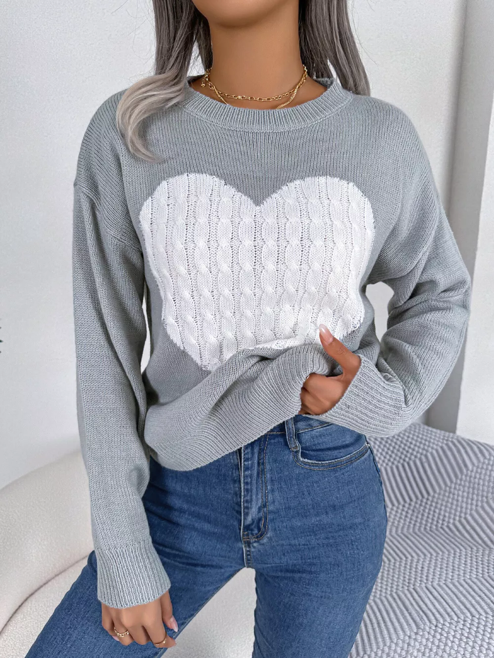 Cable Knit Heart Round Neck Sweater, image 2