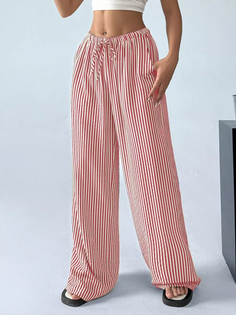 Full Size Striped Drawstring Waist Wide Leg Pants Plus Size, image 16