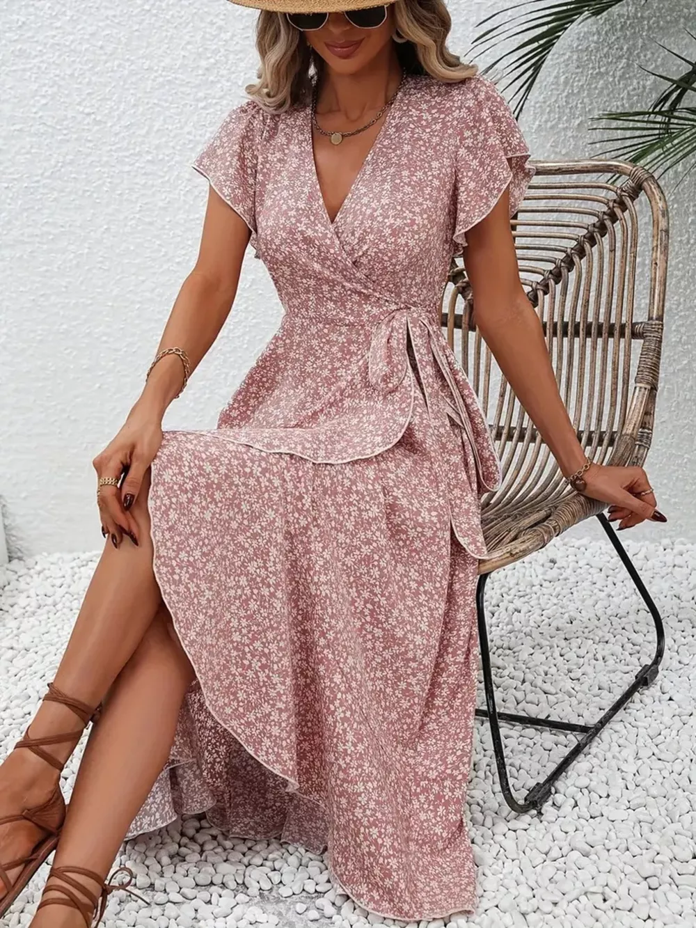 Floral Print Ruffle Hem Wrap Midi Dress, image 15