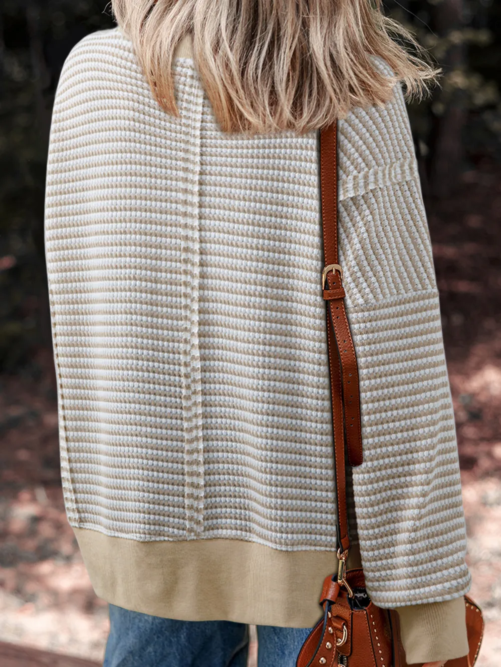 Stripe Ribbed Trim Drop Shoulder Long Sleeve Oversize Top, image 3