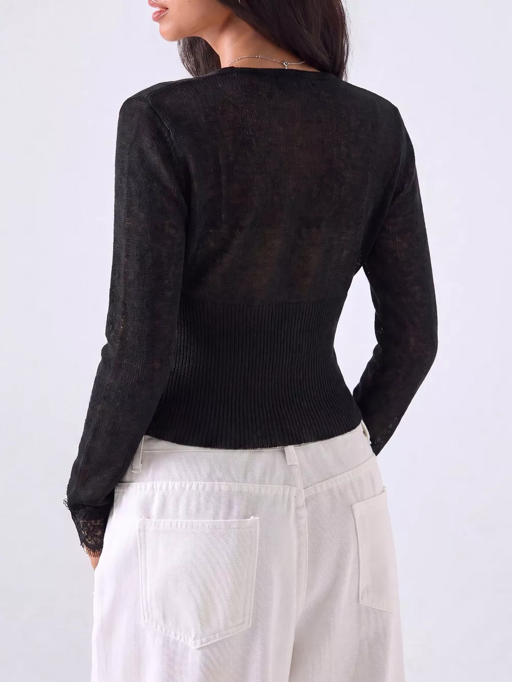 Lace-Trimmed V-Neck Button-Down Cardigan, image 5