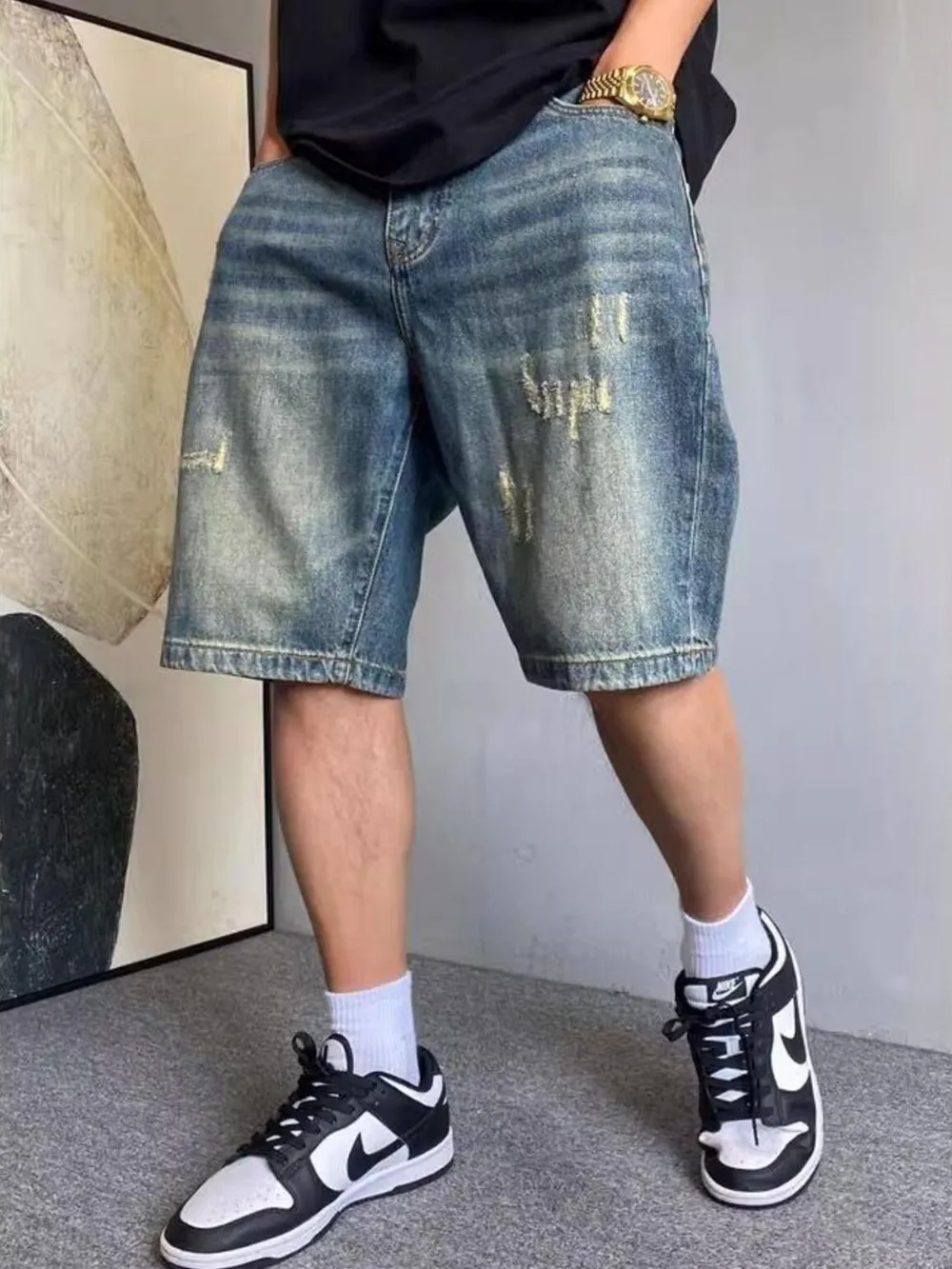 Men's Vintage Washed Distressed Denim Shorts, image 3