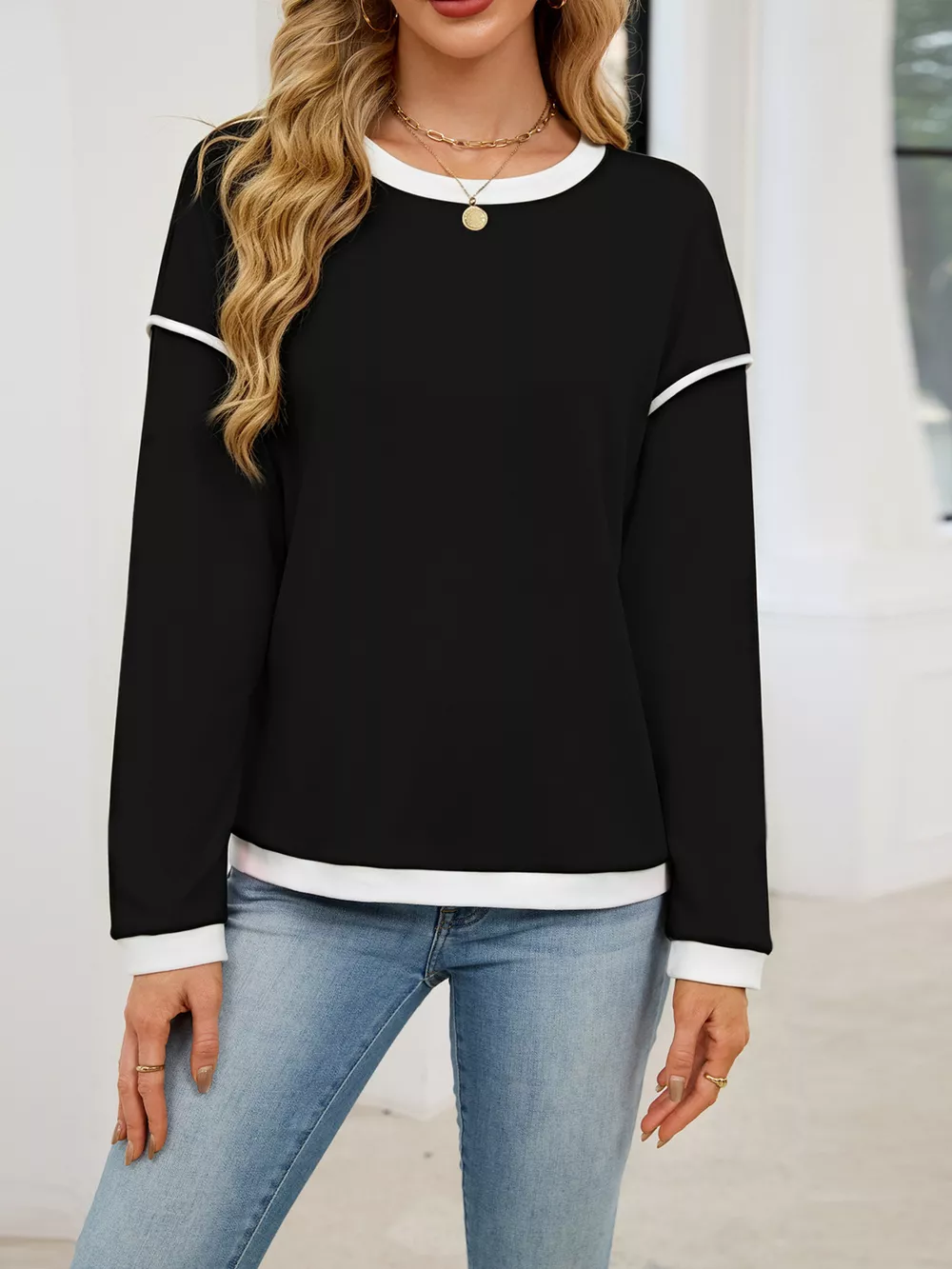 Contrast Trim Long Sleeve Sweatshirt, image 3