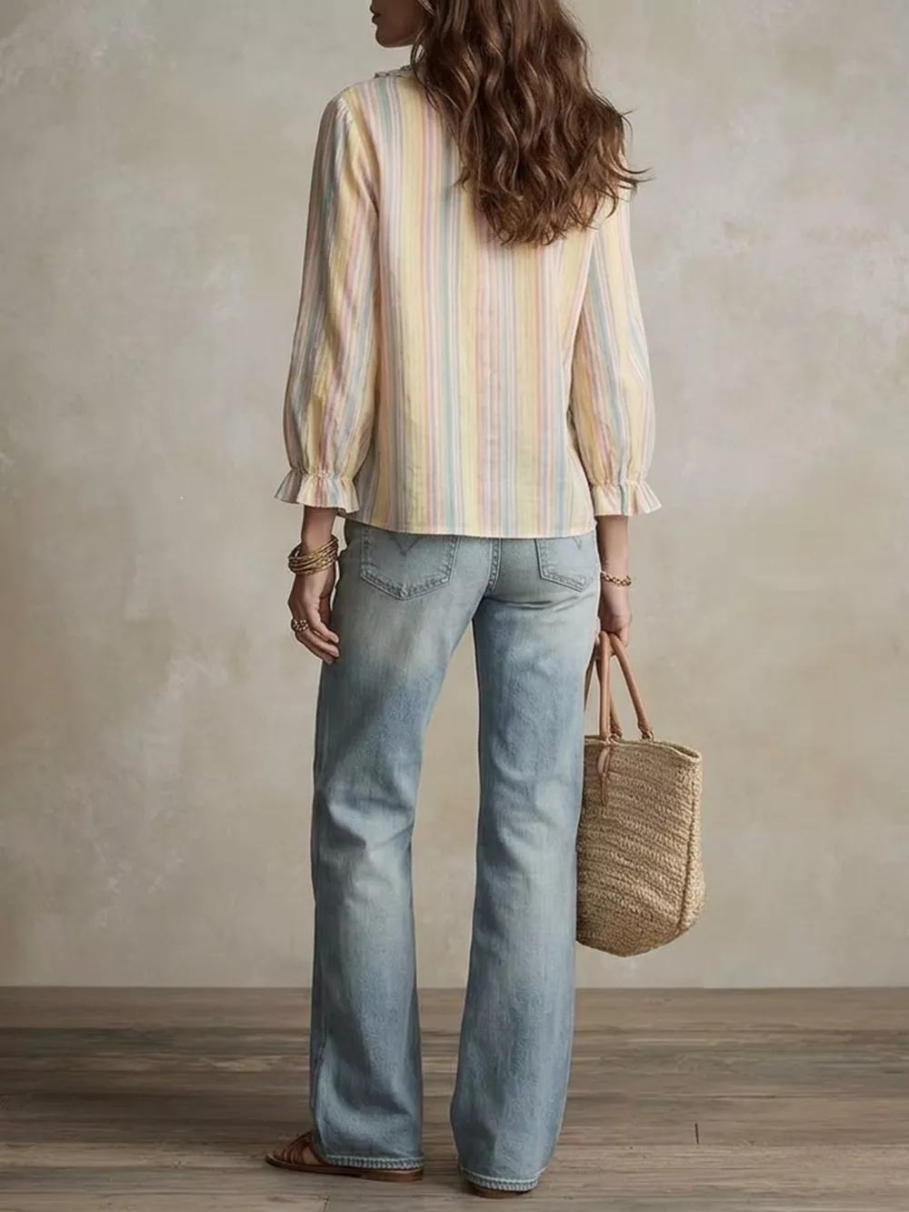 Striped Ruffle-Trim V-Neck Blouse, image 4
