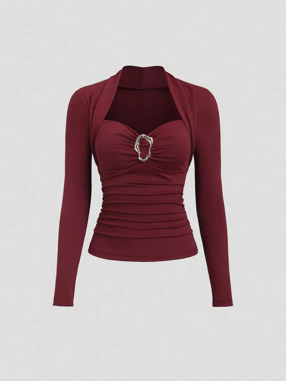 Elegant Ruched Long Sleeve Top with Buckle Detail, image 3