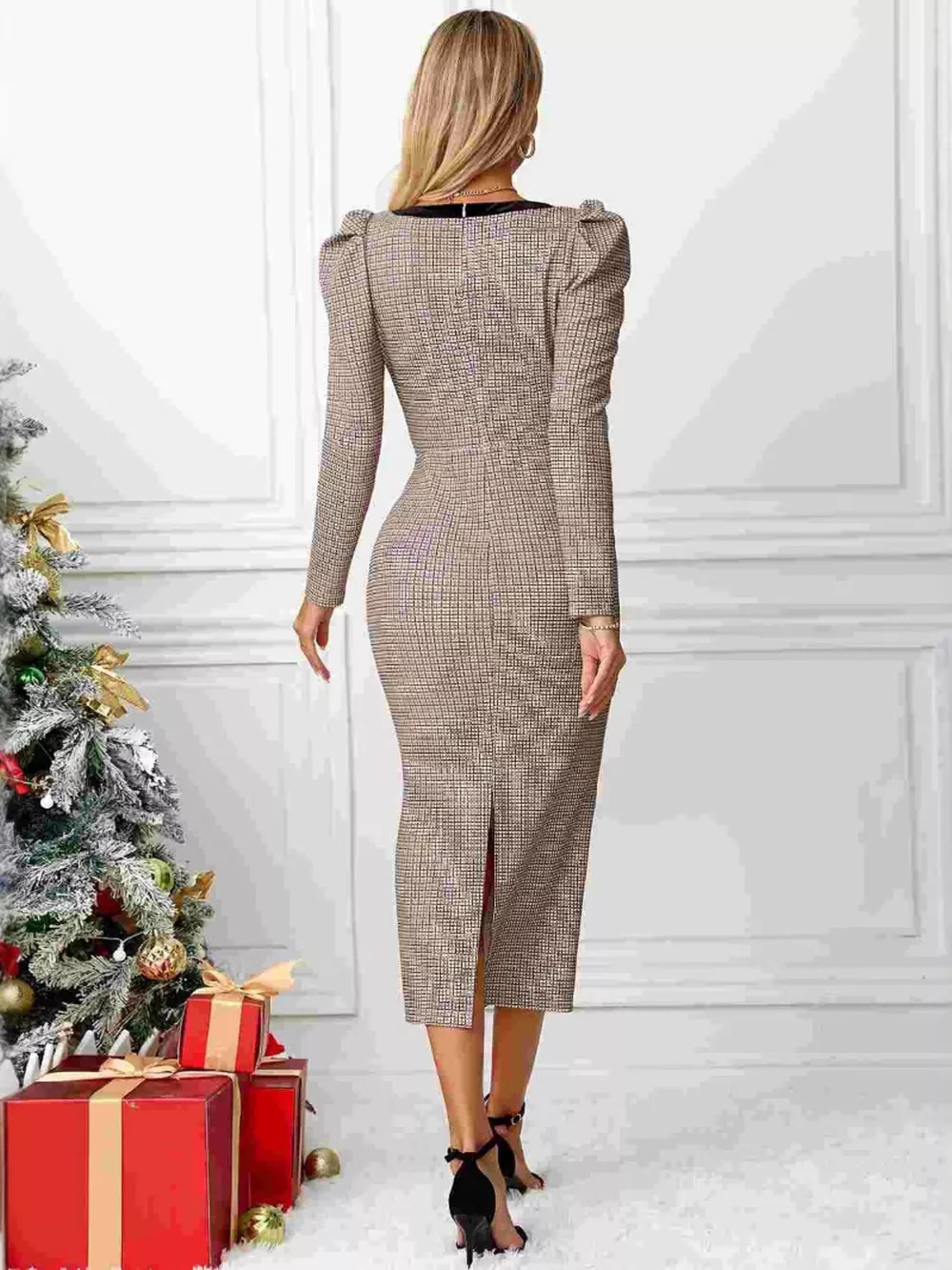 Houndstooth Bow Square Neck Dress, image 4