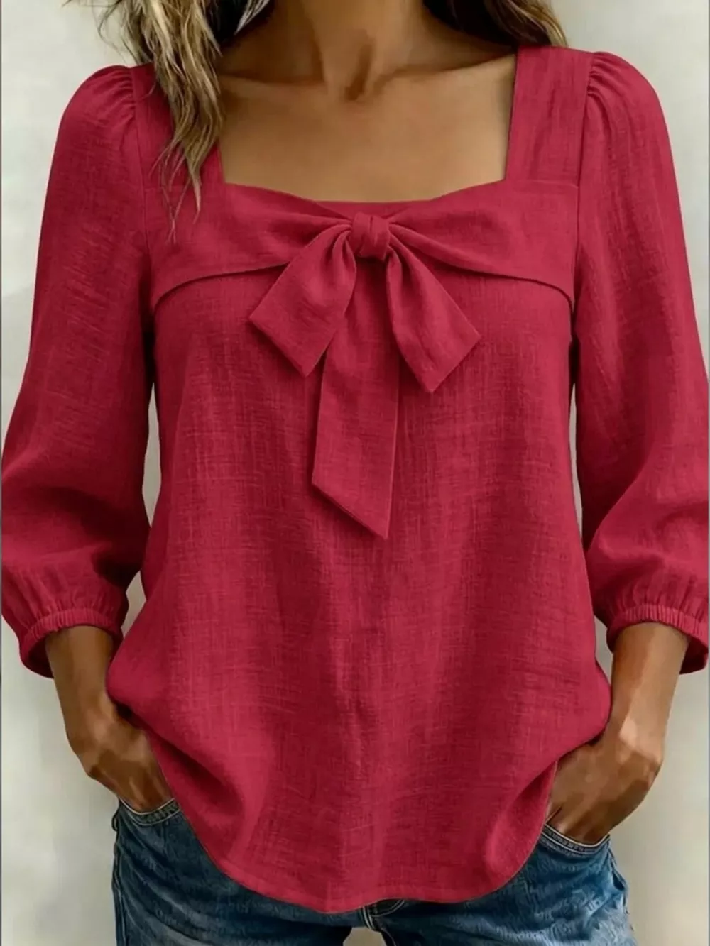 Full Size Bow Front Square Neck Blouse Plus Size, image 12