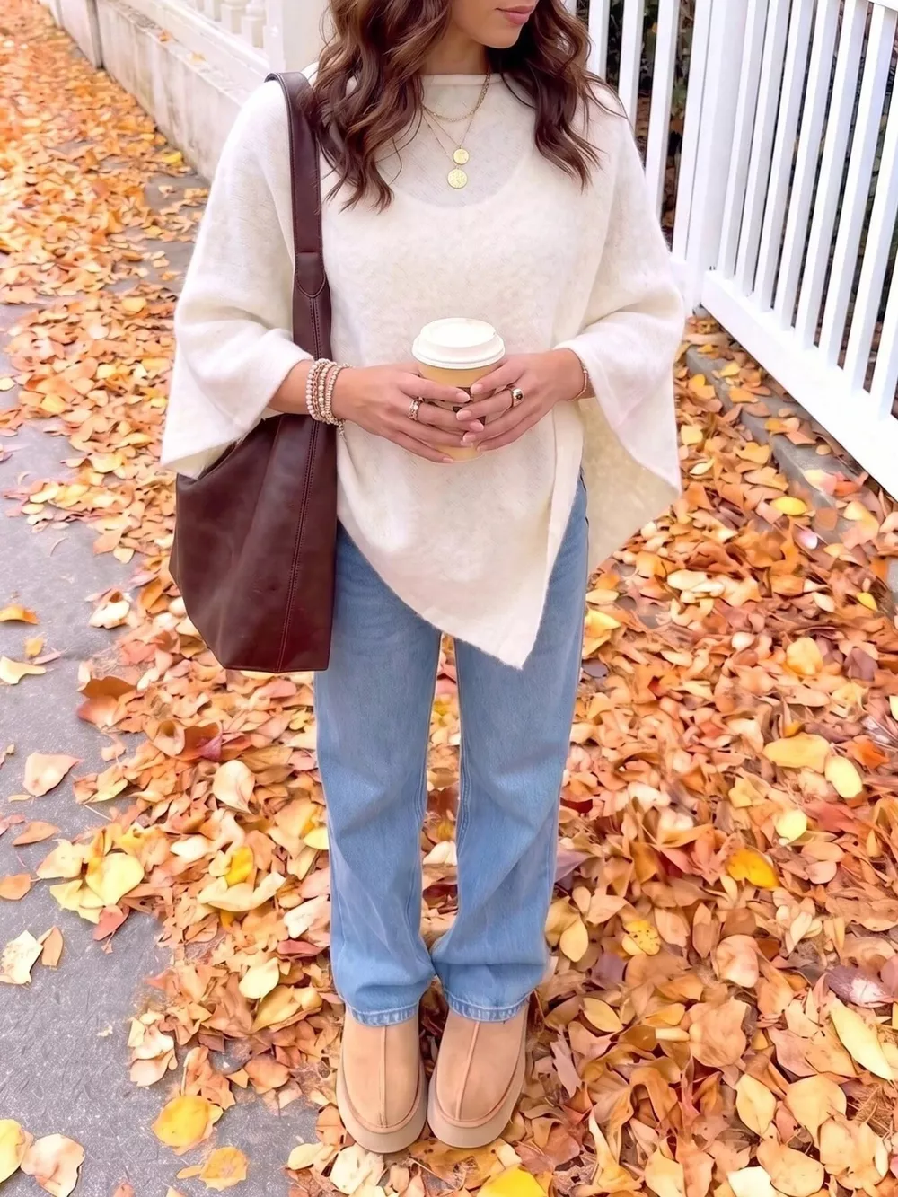 Brushed Loose Shawl Round-Neck Cape Sweater with Bat Sleeves, image 6