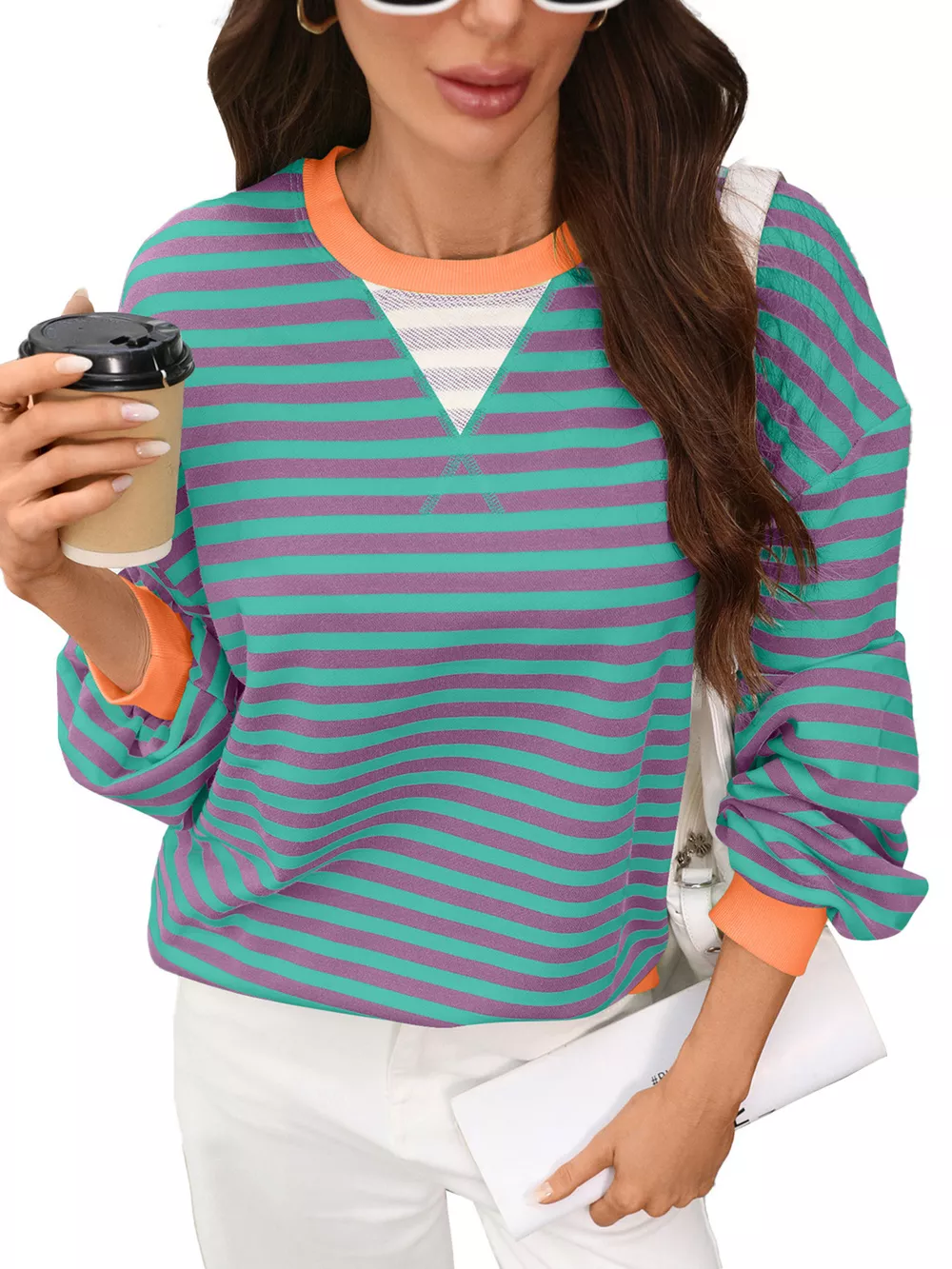 Contrast Trim Striped Crew Neck Sweatshirt, image 7