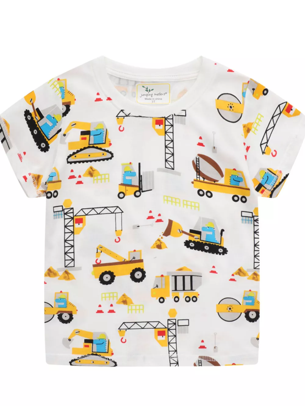 Children's Construction Vehicle Print Crew Neck Short Sleeve T-Shirt