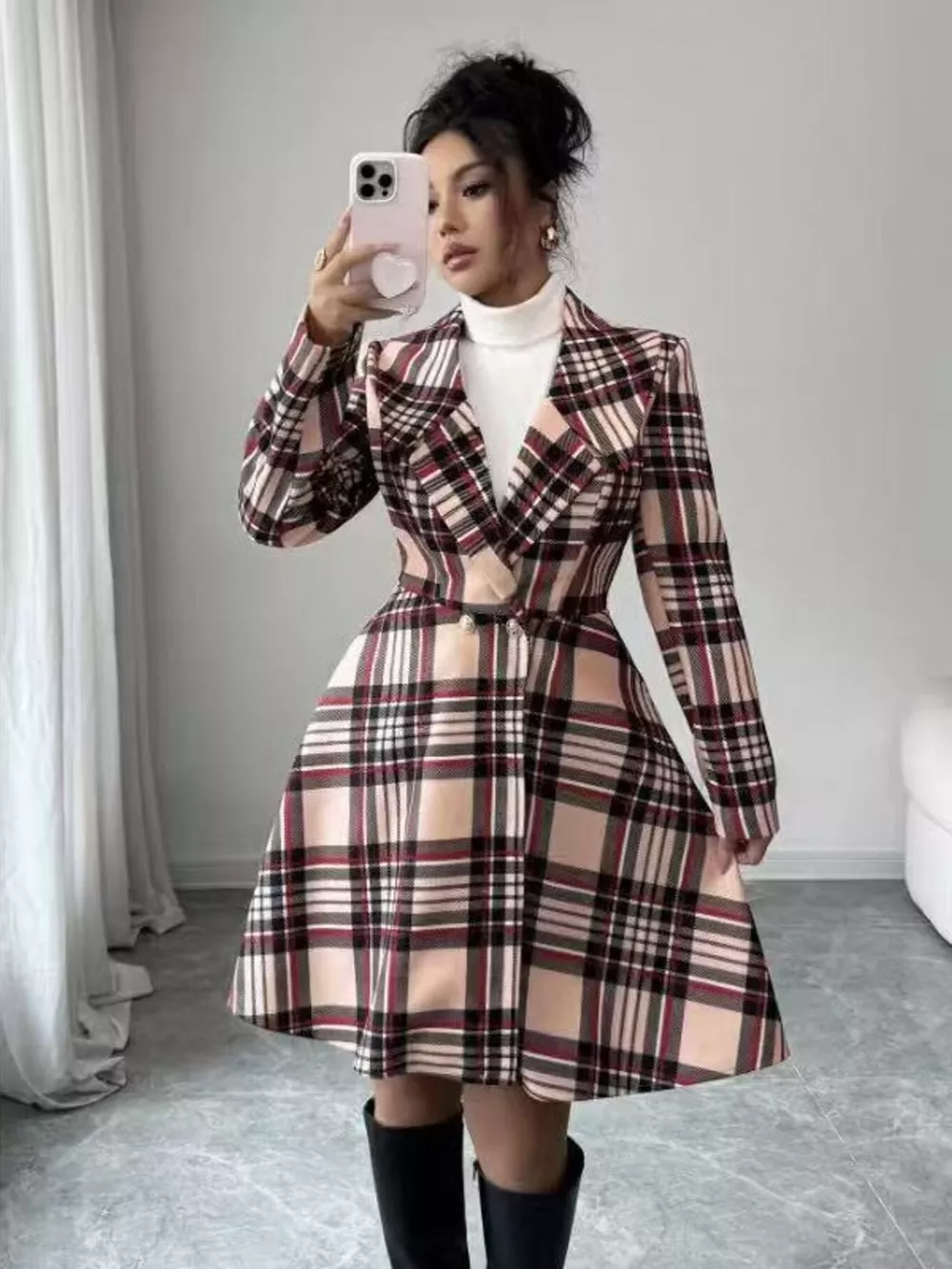 Plaid Button Up Long Sleeve Coat, image 3