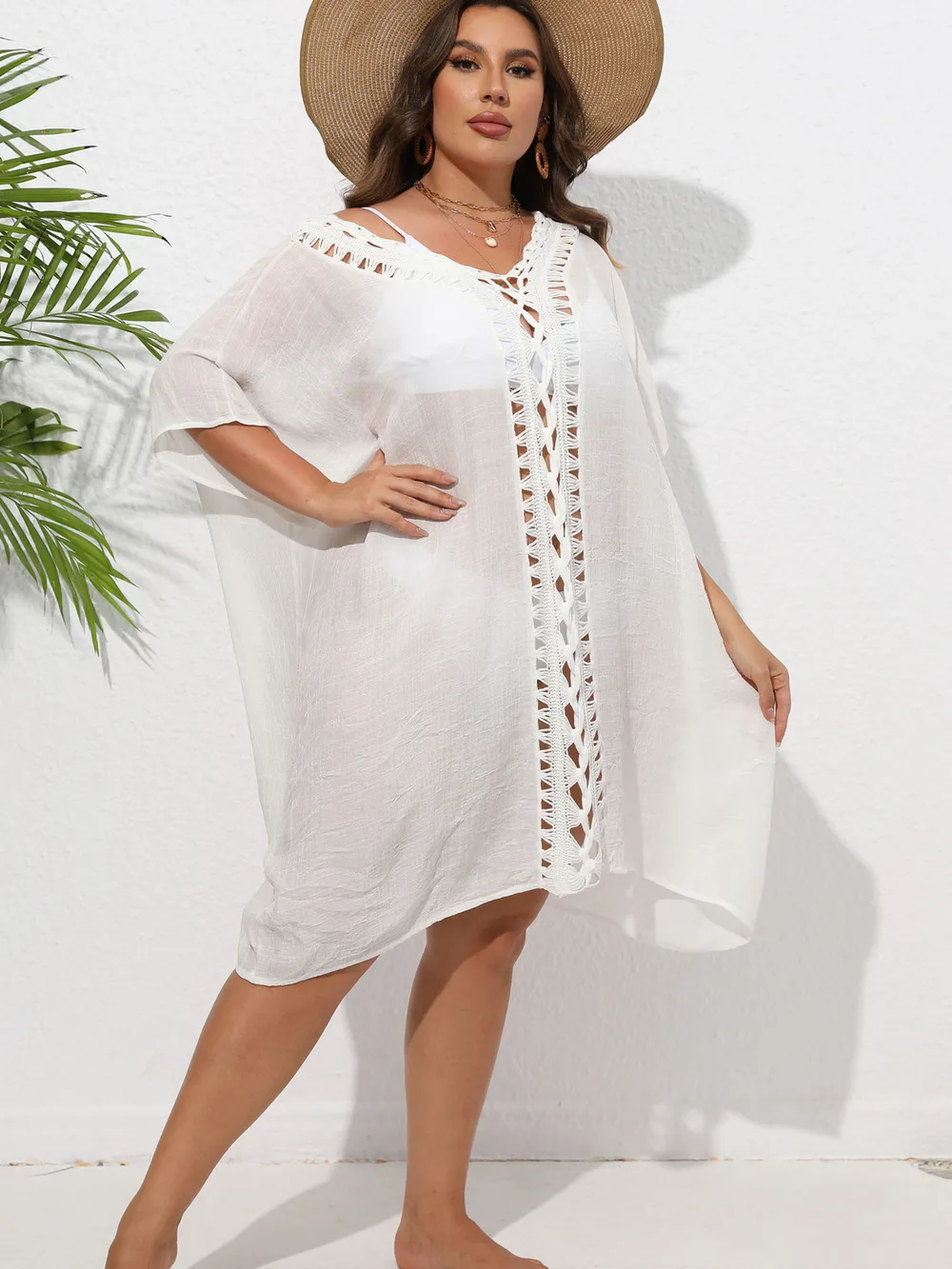 Crochet Trim V-Neck Beach Cover Up Dress, image 7