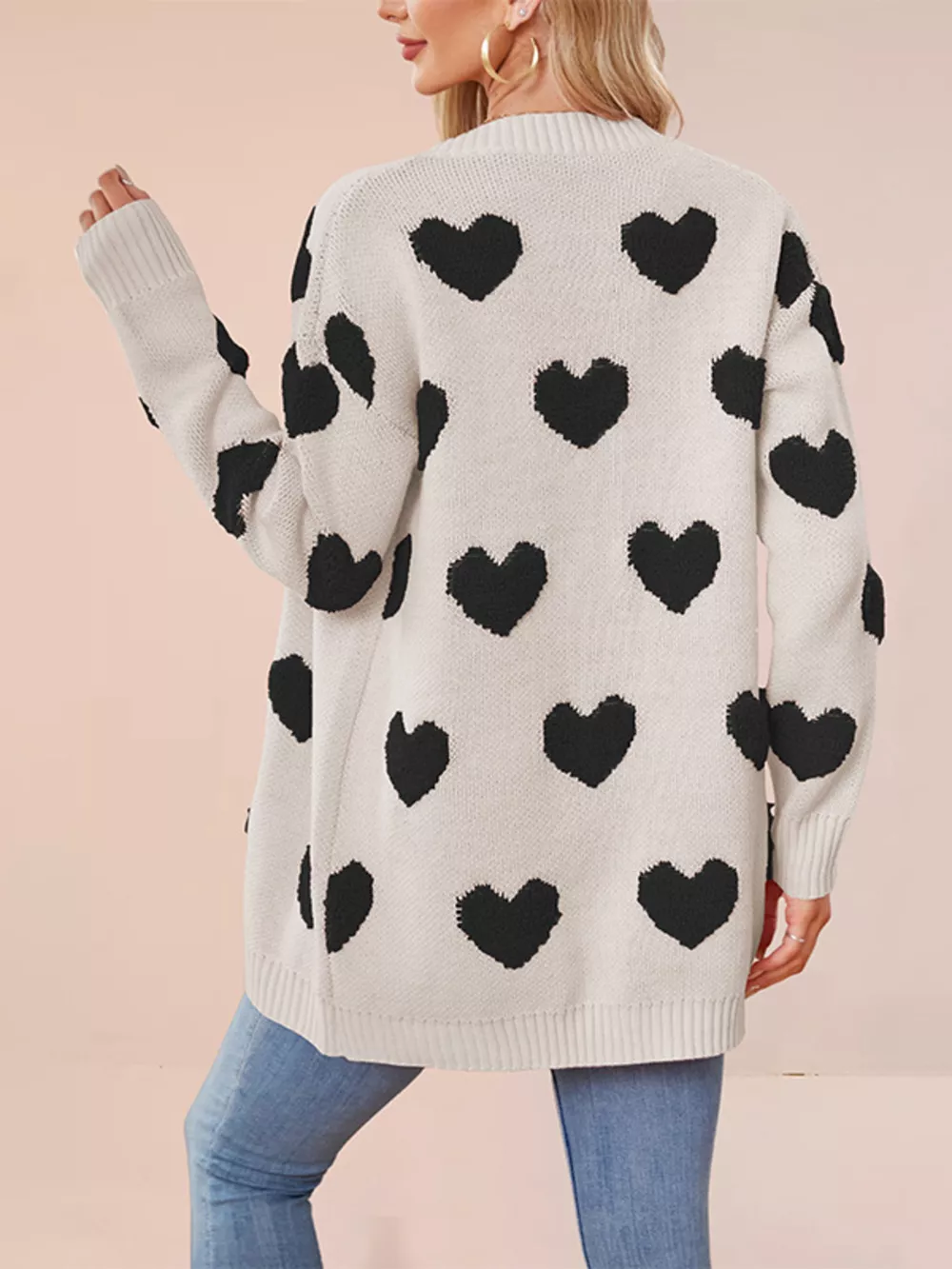 Heart Pattern V-Neck Button-Down Knit Cardigan, image 10