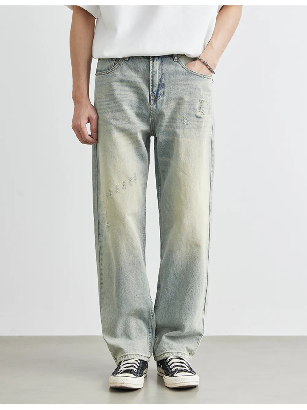 Men's Distressed Wash Wide Leg Jeans