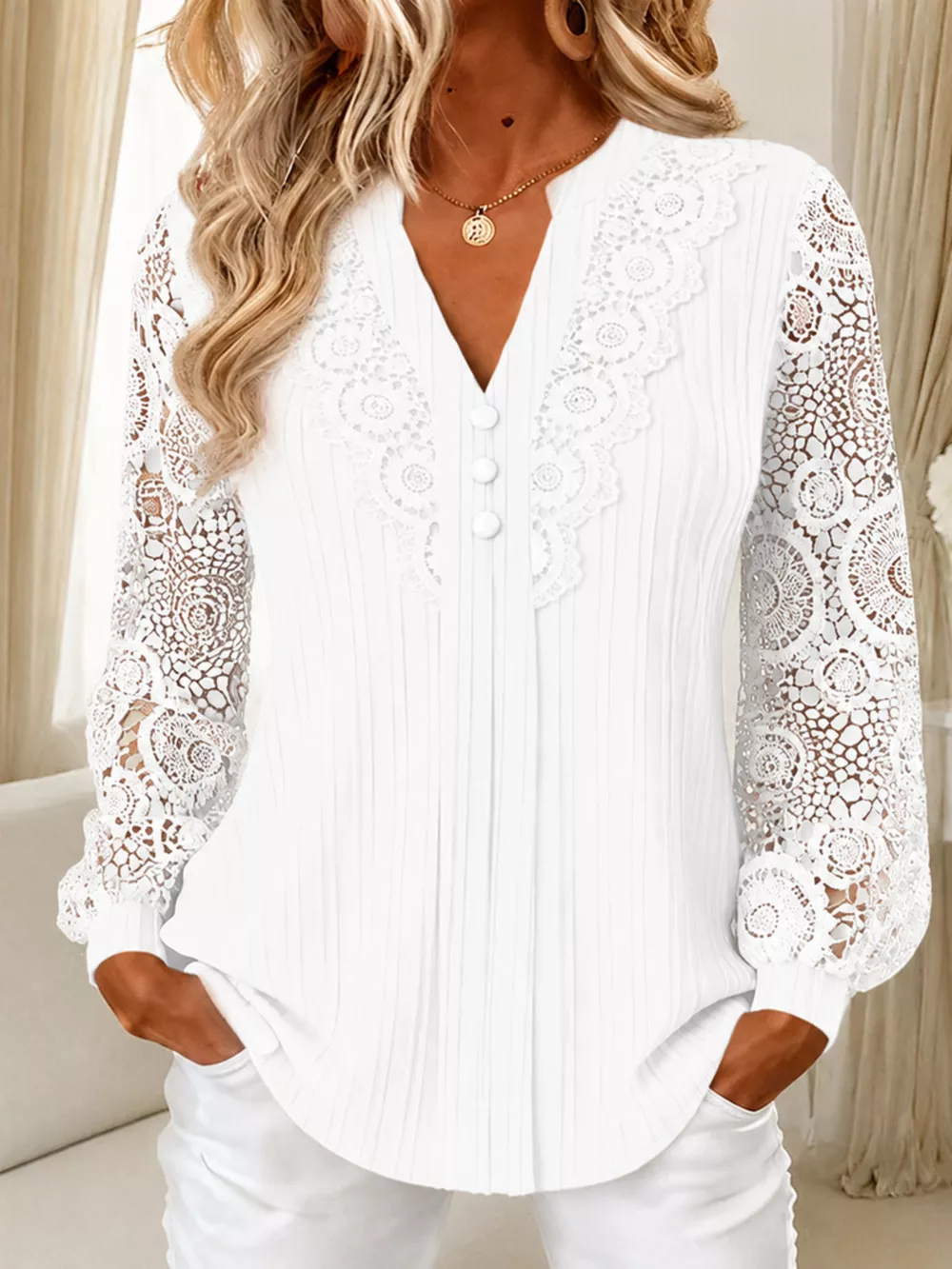 Lace Long Sleeve Notched Blouse, image 13