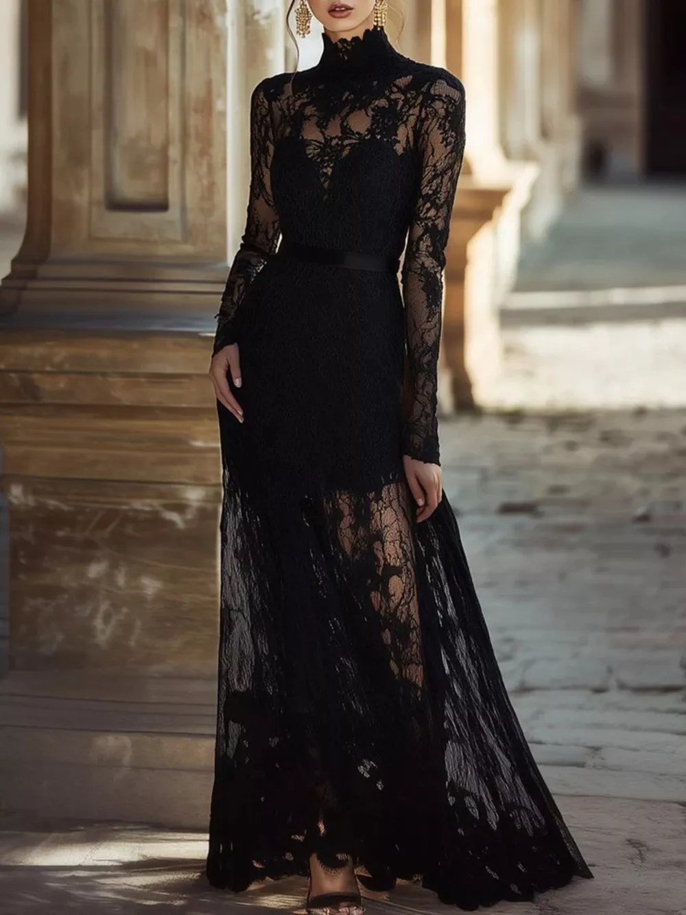 Lace High Neck Long Sleeve Maxi Dress, image 3
