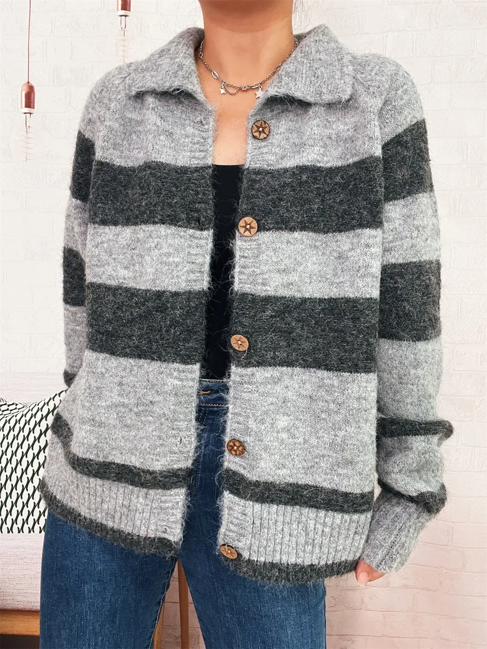 Striped Button-Up Cozy Cardigan, image 15