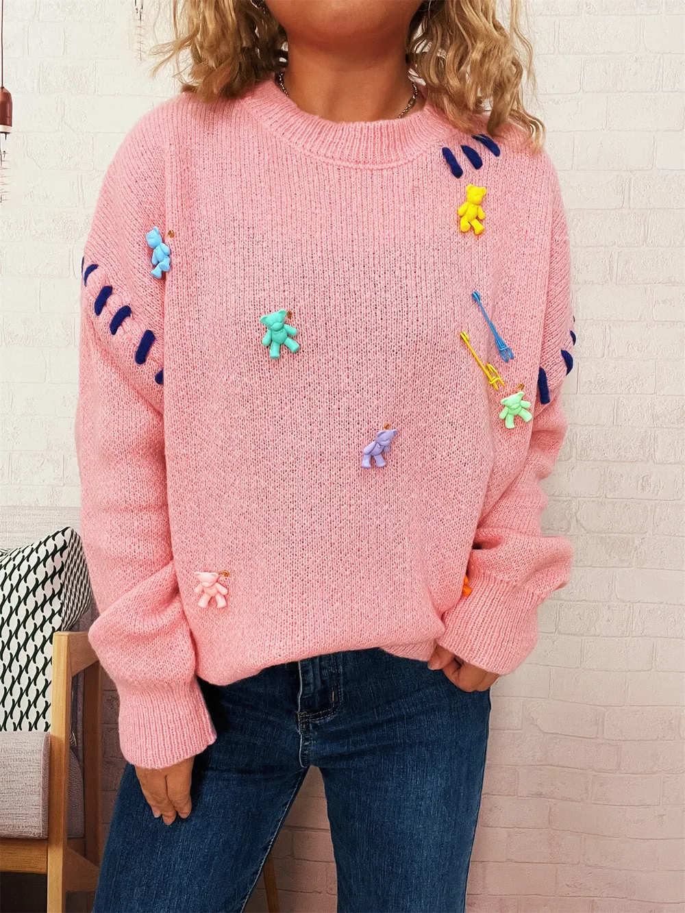 Bear Decoration Round Neck Sweater, image 2