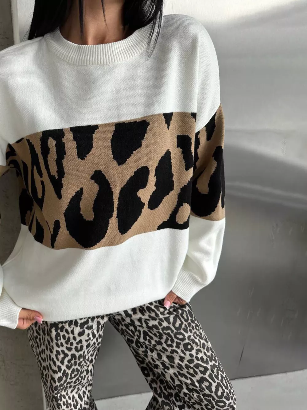 Leopard Color Block Round Neck Sweater, image 16