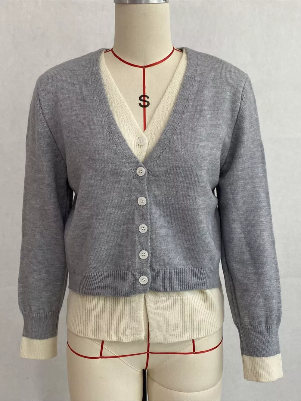 V-Neck Button-Down Contrast Layered Cardigan, image 7