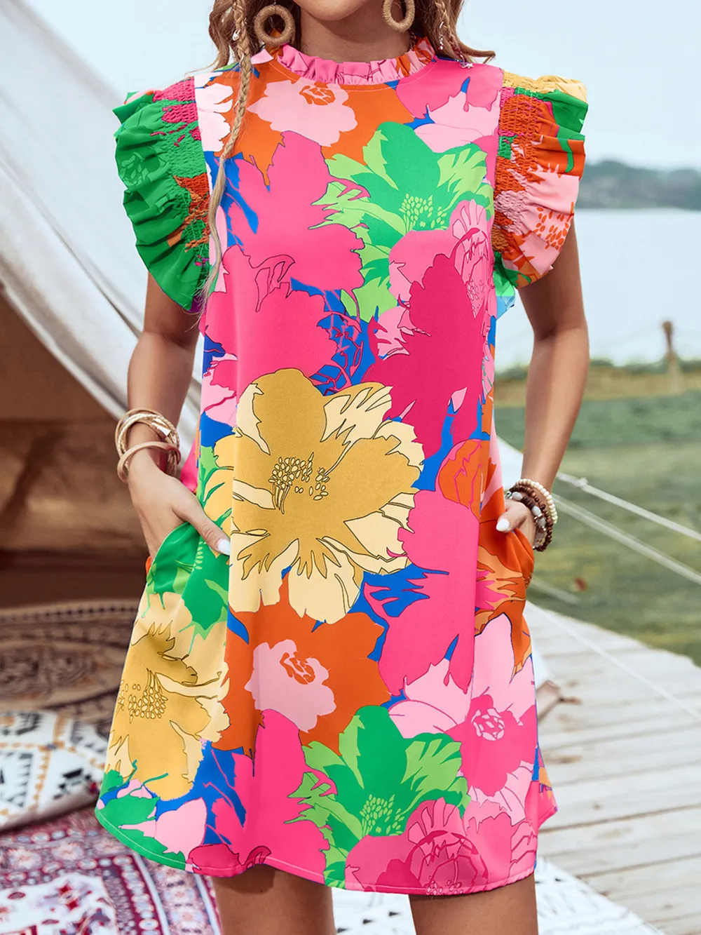 Printed Ruffled Cap Sleeve Mini Dress, image 10
