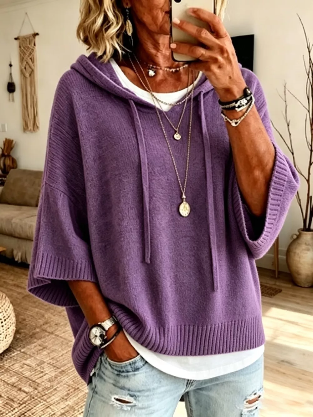 Full Size Casual Hooded Batwing Sleeve Knit Sweater Plus Size, image 14