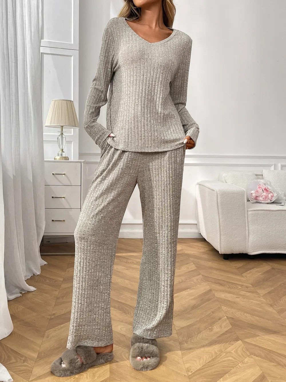 Ribbed Long Sleeve Top and Pants Lounge Set, image 8
