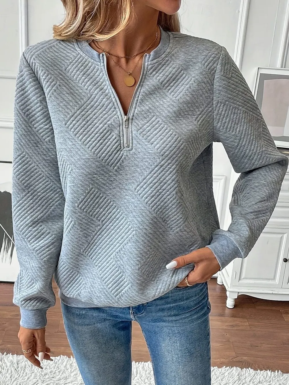 Quarter Zip Textured Long Sleeve Sweatshirt, image 13
