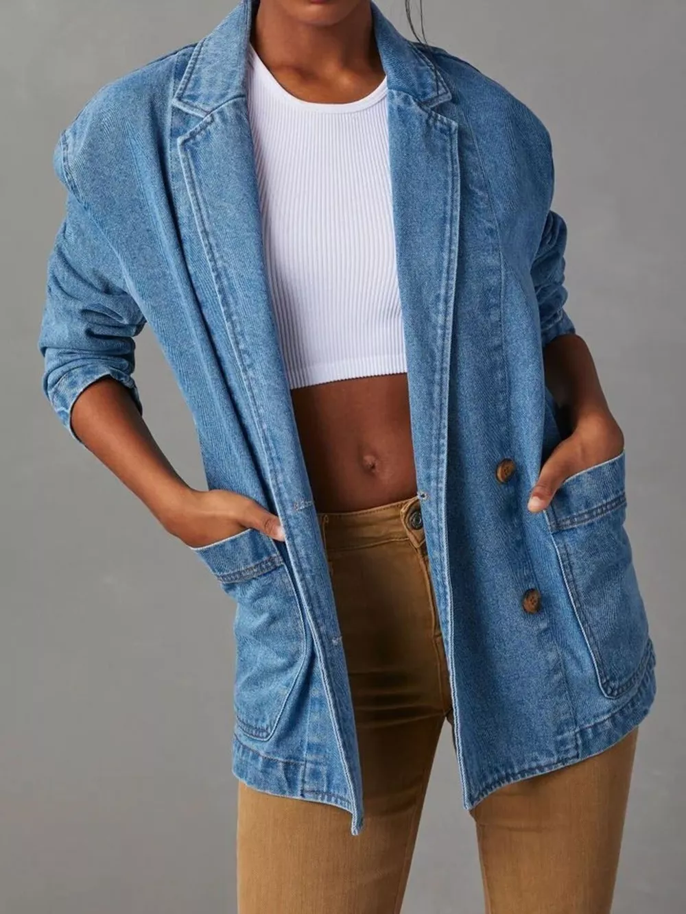 Classic Button Down Denim Blazer Jacket, image 2