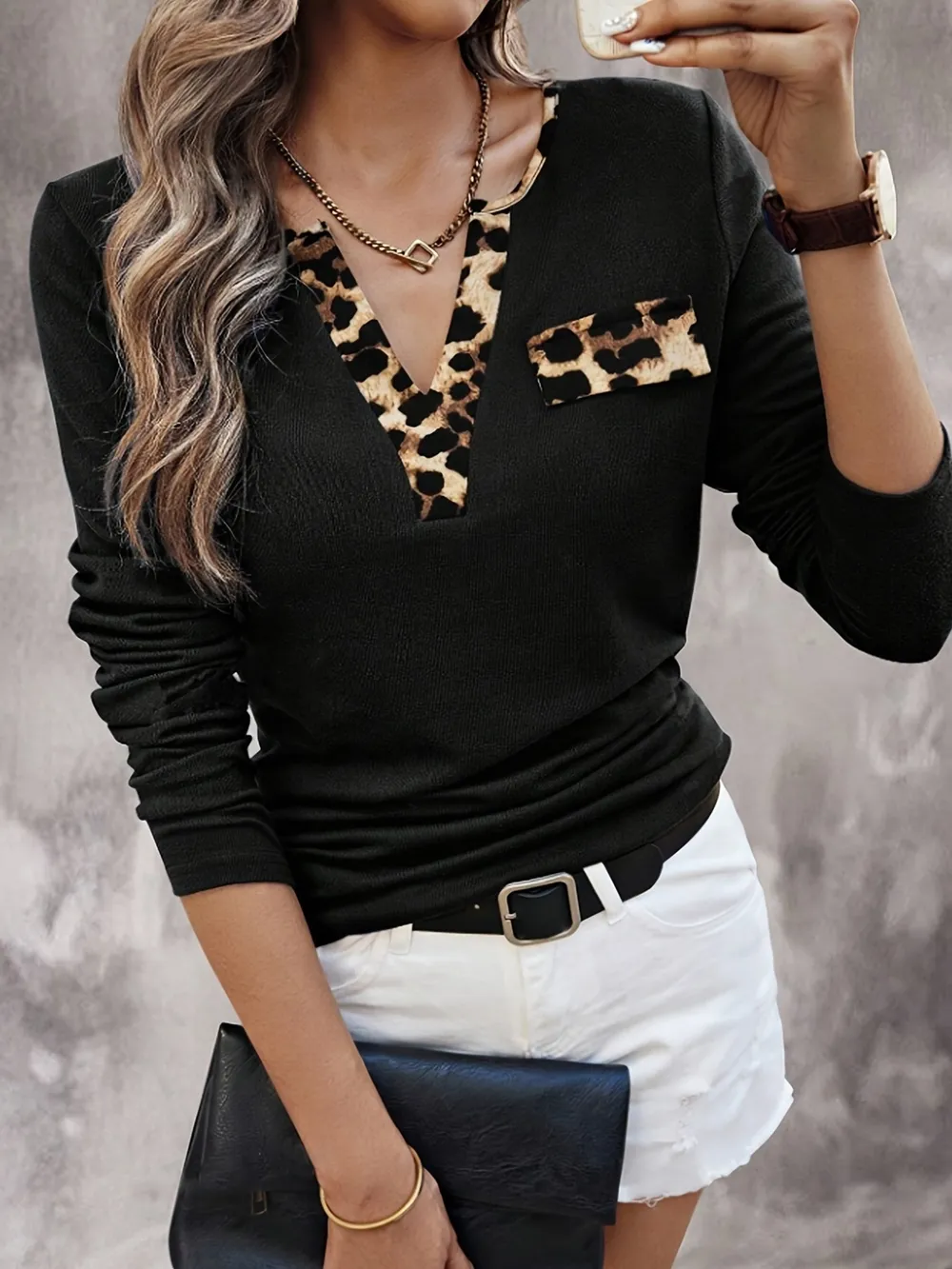 Leopard Trim Long Sleeve T-Shirt, image 6