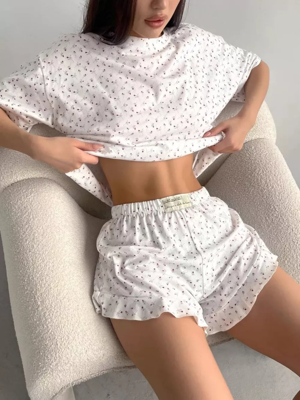 Floral Print Short Sleeve Top and Shorts Lounge Set, image 3