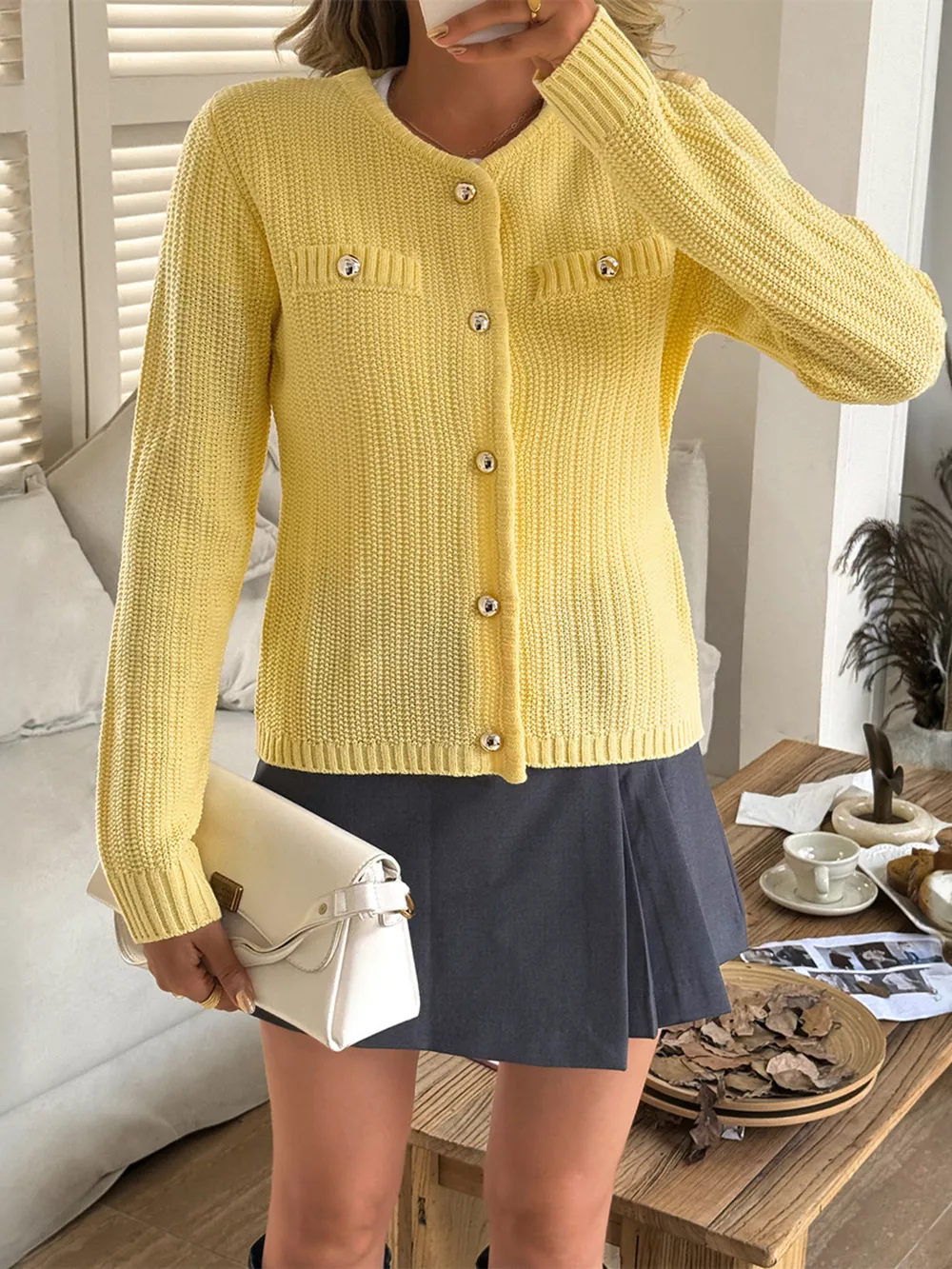 Button-Front Ribbed Long Sleeve Cardigan, image 12