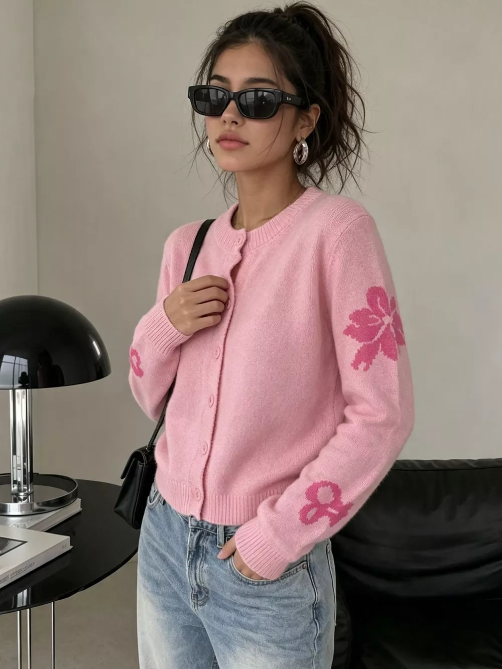 Floral Crew Neck Cropped Knit Cardigan, image 23