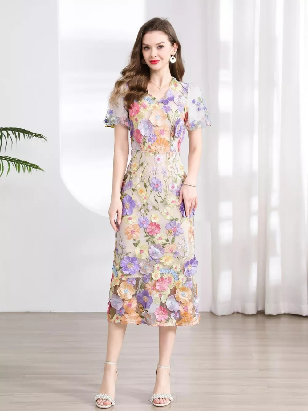 Floral Embroidered Puff Sleeve Midi Dress, image 3