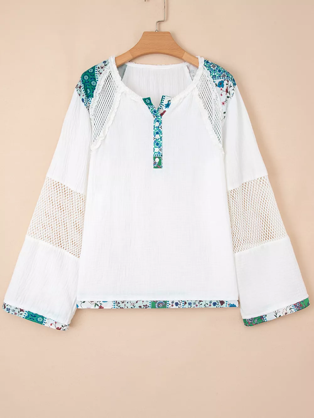 Mesh Patched Color Block Half Button Blouse, image 9