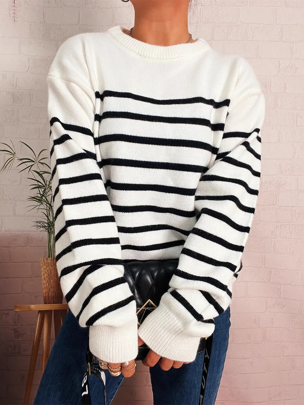 Striped Round Neck Drop Shoulder Sweater, image 2