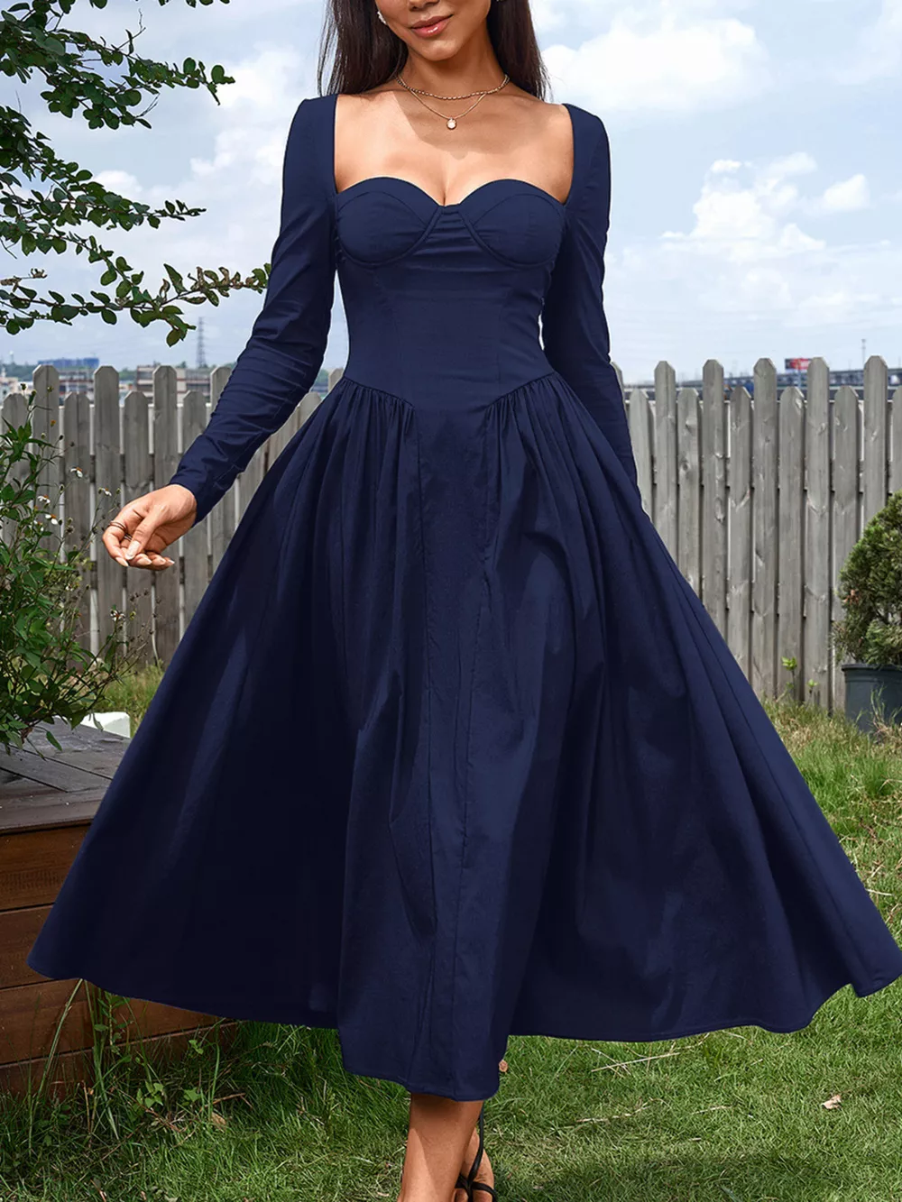 Sweetheart Neckline Long Sleeve A-Line Midi Dress, image 15