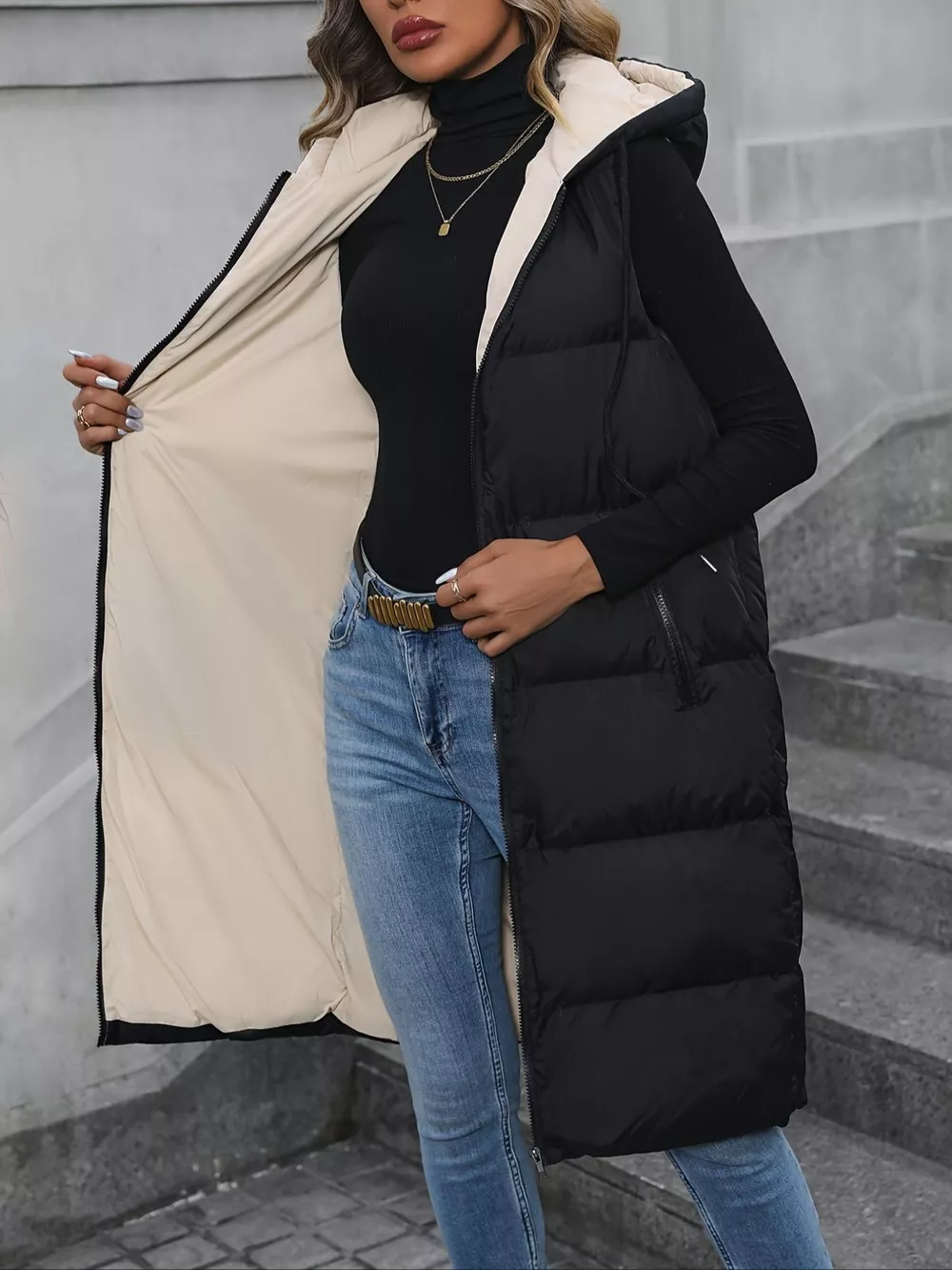 Longline Padded Hooded Vest Coat, image 4