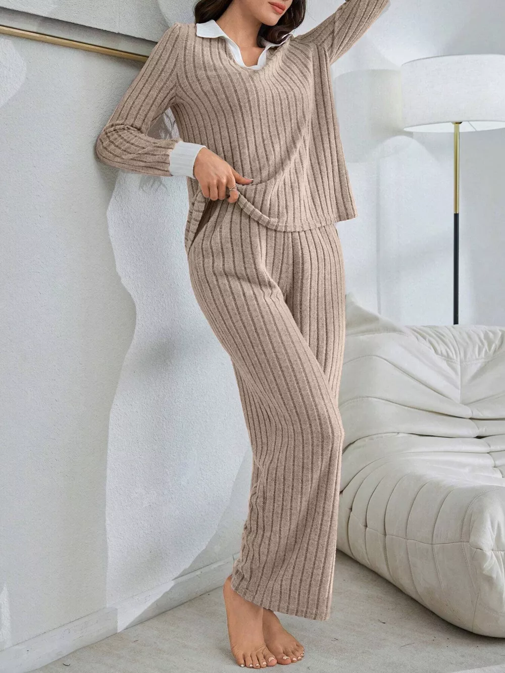Ribbed Knit Polo Collar Top and Pants Lounge Set