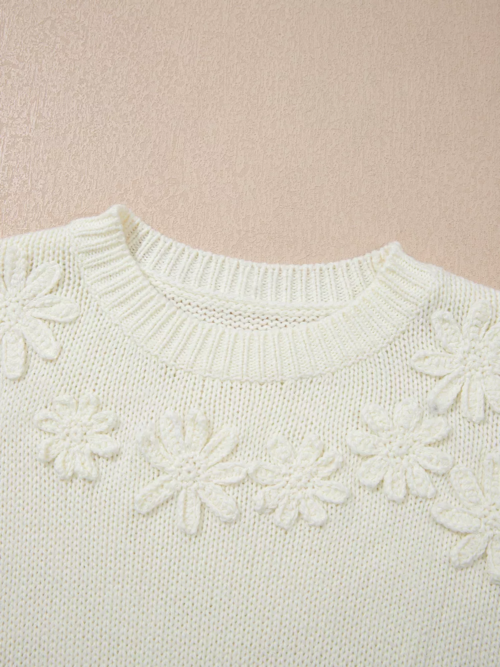 Flower Detail Round Neck Contrast Textured Puff Sleeve Sweater, image 8
