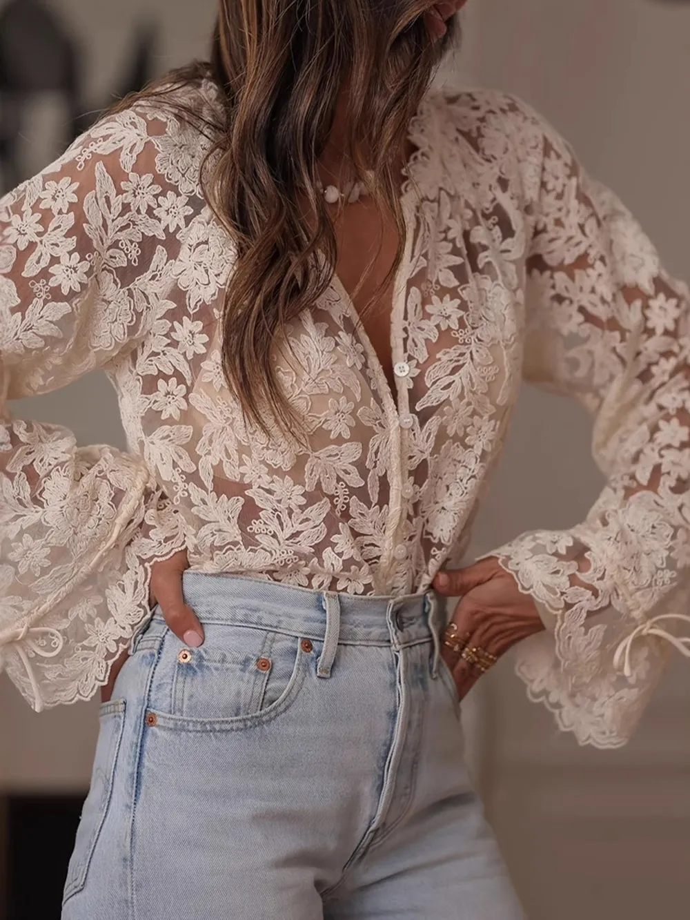 Lace Button Up Long Sleeve Shirt, image 5