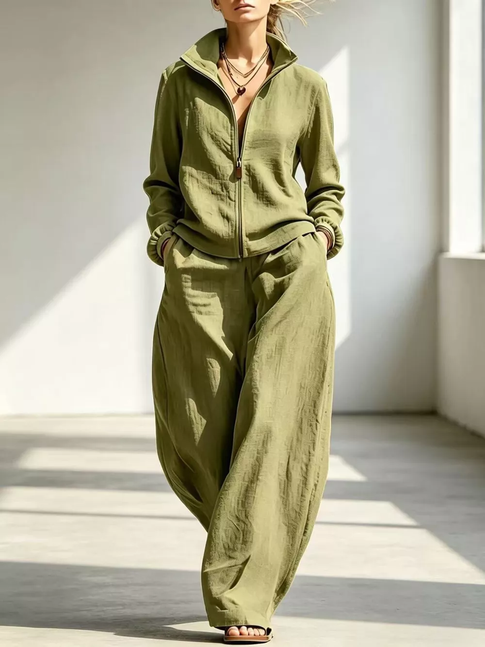 Full Size Zip-Up Jacket and Wide-Leg Pants Set Plus Size, image 4