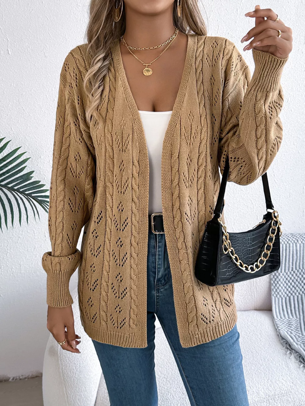 Openwork Open Front Long Sleeve Cardigan, image 16