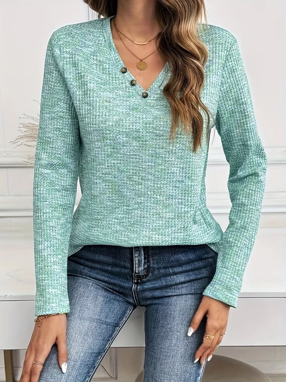 Decor Button V-Neck Long Sleeve Top, image 5