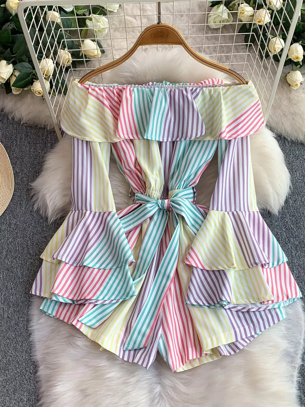 Off-Shoulder Flounce Sleeve Romper, image 8