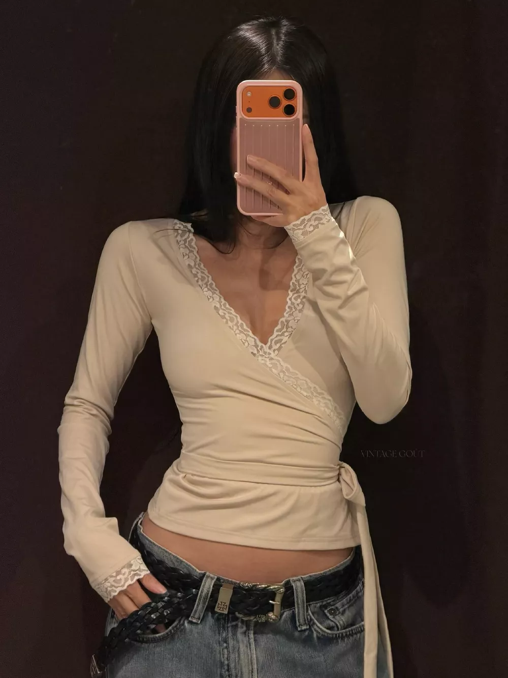 Lace-Trimmed Long Sleeves Wrap Blouse, image 2